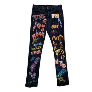 Waimea Mens Faded‎ Back Double Sided Grafitti Graphic Denim Jeans Skinny 26 x 28